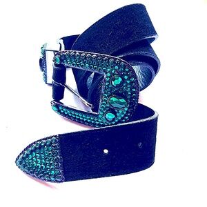 Michael Morrison Vintage Green Crystal Rhinestone Black Suede Belt